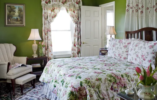 Design, house, style, room, Villa, interior, bedroom, rose garden room an antique English maple bed