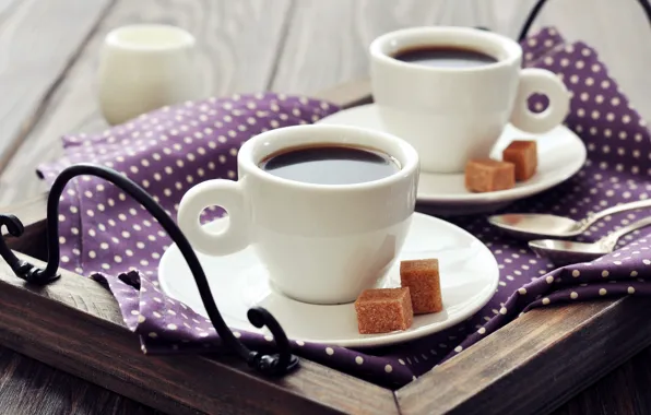 Cubes, coffee, Breakfast, milk, Cup, sugar, napkin, tray