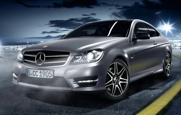 Night, coupe, mercedes-benz, Mercedes, the front, serebrisky, sport coupe, c250