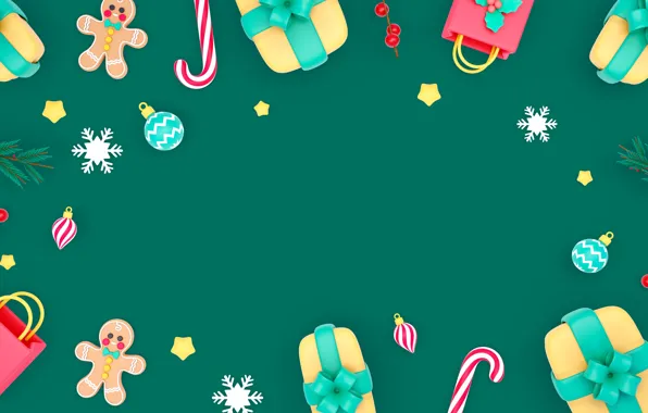 Balls, snowflakes, branches, rendering, men, cookies, Christmas, gifts