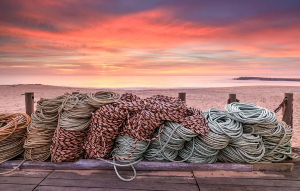 Sea, sunset, shore, ropes