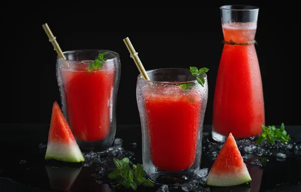 The dark background, watermelon, glasses, juice, cocktail, glasses, cold, mint