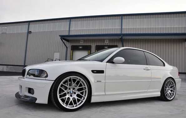 Picture white, the building, bmw, BMW, white, wheels, e46, tinted