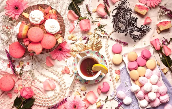 Pink, tea, rose, necklace, mask, cakes, gerbera, macaroon