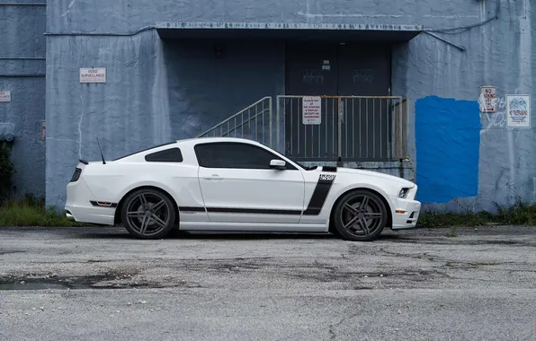 Picture white, blue, the building, mustang, Mustang, profile, white, wheels
