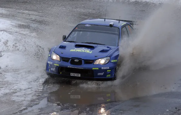 Picture road, water, turn, puddle, subaru, blue, water splashes
