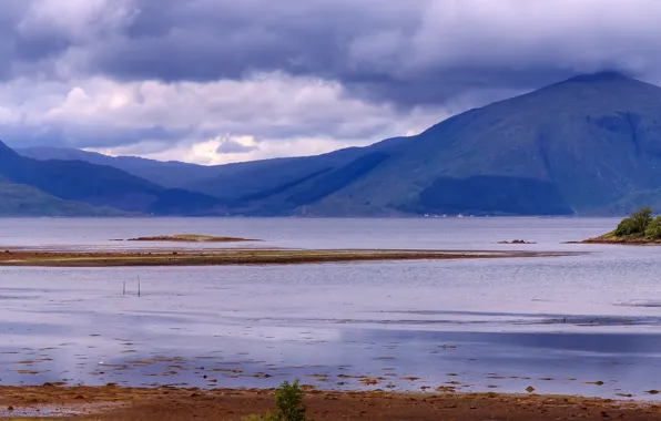 Islands, clouds, mountains, castle, shore, Scotland, panorama, Bay