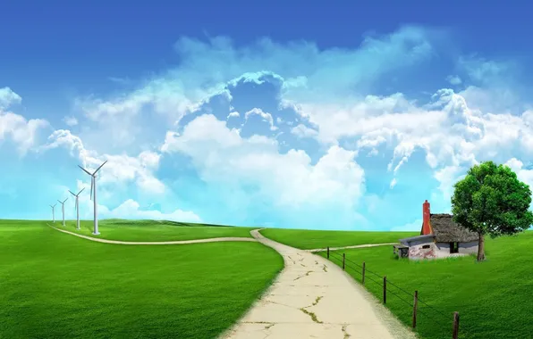 Field, green, windmills, field, digital, design, art, vector graphics