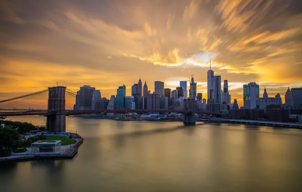 The sky, the sun, clouds, light, sunset, bridge, the city, shore