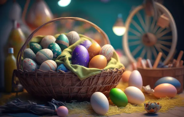Background, basket, eggs, colorful, Easter, happy, background, Easter
