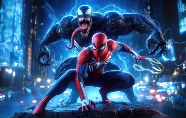 Night city, Marvel, superheroes, Marvel Comics, Comics, Venom, Marvel, Spider-Man