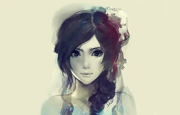 Picture look, face, watercolor, grey background, flower in hair, portrait of a girl