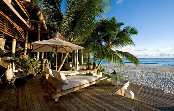 Picture palm trees, stay, North Island, beach, the hotel, sea, house, Seychelles