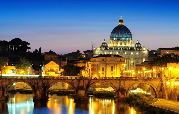 Picture the city, the evening, lighting, Rome, Italy, Rome, The Vatican, St. Peter's Cathedral