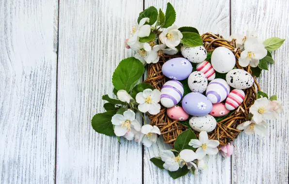 Flowers, eggs, spring, colorful, Easter, happy, wood, blossom