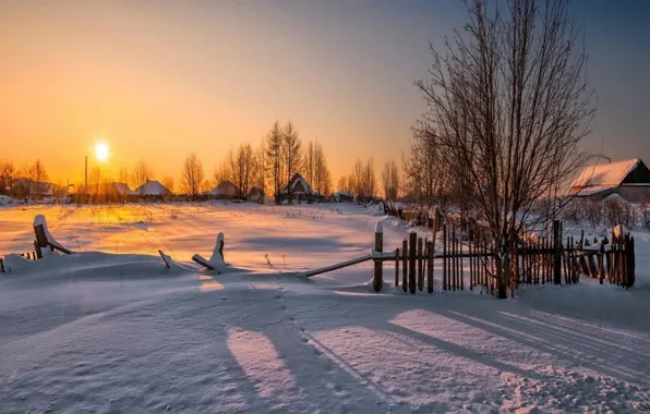 Picture winter, snow, dawn, village, morning