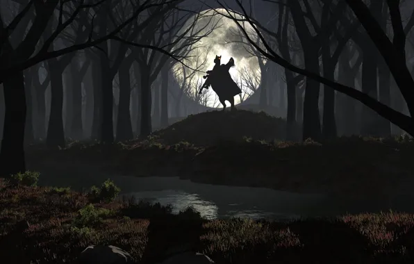 Picture forest, night, river, the moon, without a head, rider