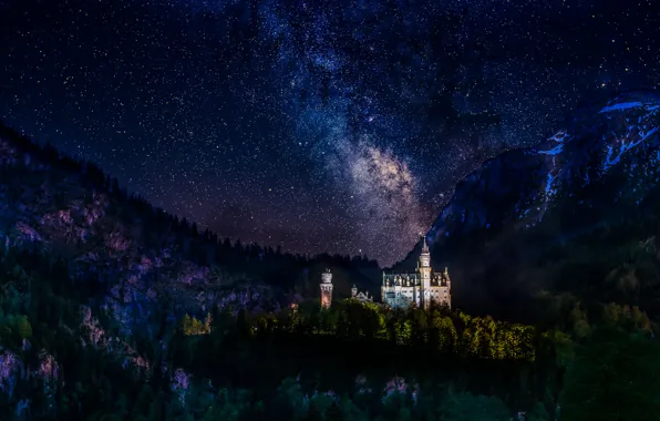 Forest, mountains, night, tower, stars, Germany, Castle, the milky way