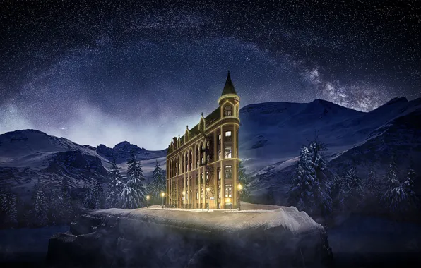 The sky, stars, mountains, the building, sky, mountains, stars, building