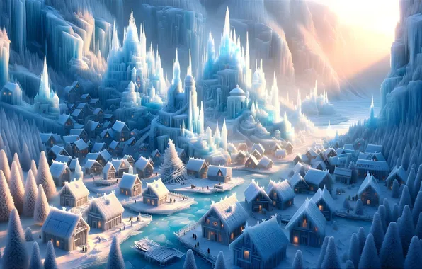 Winter, people, home, ice, village, fantasy