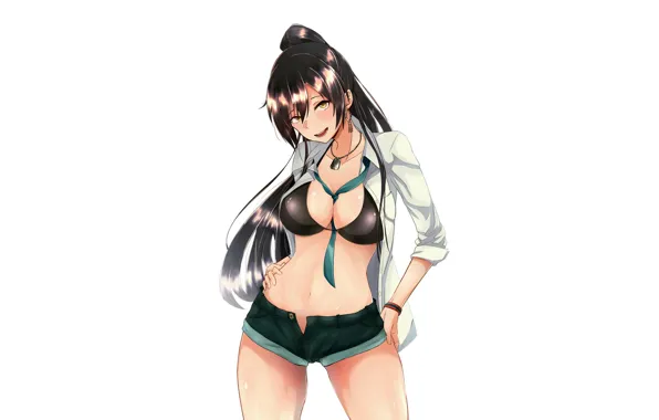 Girl, sexy, cleavage, shorts, blouse, long hair, boobs, anime