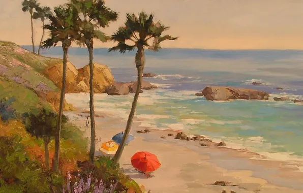 Sea, wave, beach, palm trees, rocks, shore, art, umbrellas