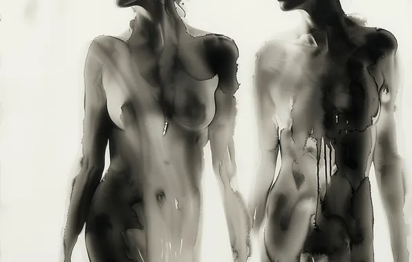 Girls, White background, Two, Blur, Digital art, Black and white, Naked, Naked