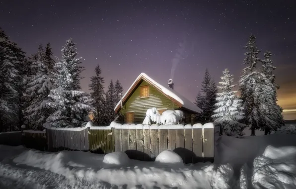 Winter, snow, night, house
