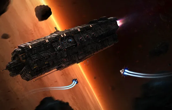 Planet, Space, Fantasy, Art, Space, Spaceship, Fiction, Asteroids