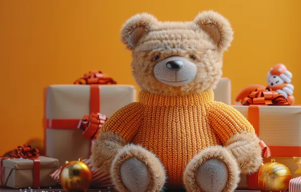 Balls, yellow, toy, bear, Christmas, bear, gifts, New year