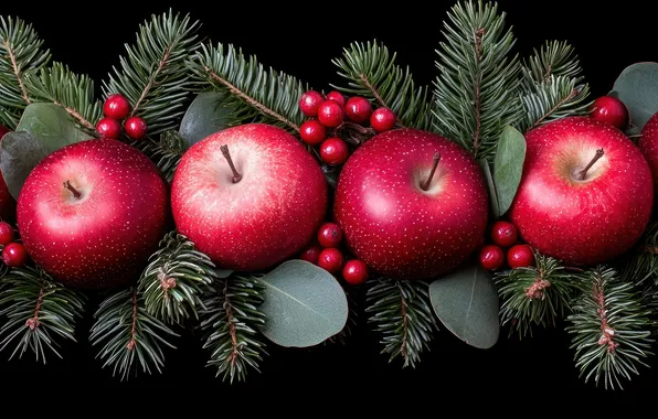 Leaves, branches, berries, apples, fruit, Christmas, red, New year