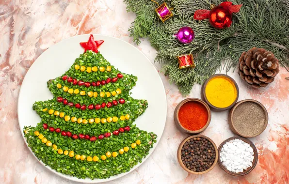 Greens, balls, branches, red, table, star, plate, Christmas