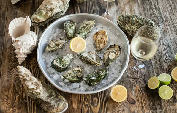 Ice, lemon, lime, seafood, mussels