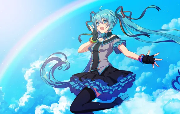 Clouds, Girl, Rainbow, Art, Hatsune Miku, Vocaloid, Vocaloid, Hatsune Miku