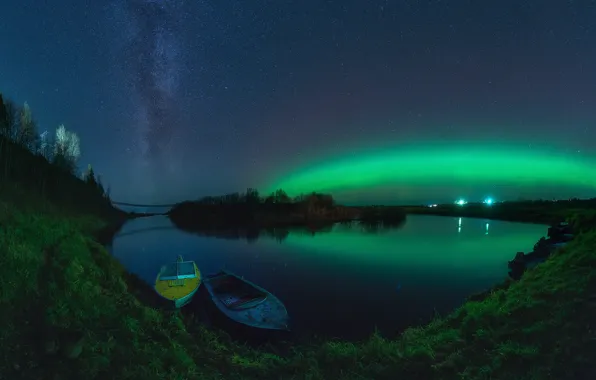 Landscape, night, nature, river, stars, Northern lights, boats, the milky way