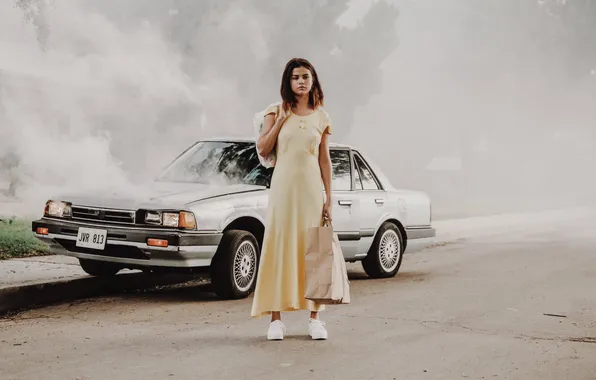 Road, machine, auto, look, pose, smoke, portrait, dress