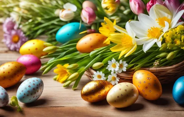 Flowers, eggs, spring, colorful, Easter, happy, flowers, spring