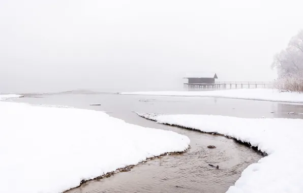 Winter, snow, fog, lake