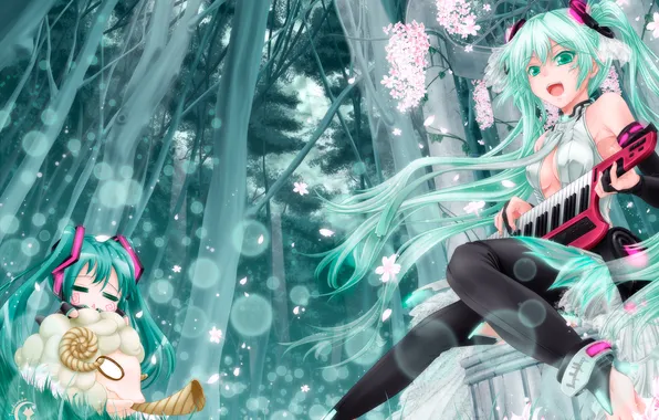 Picture forest, girl, flowers, art, vocaloid, hatsune miku, Chibi, sheep