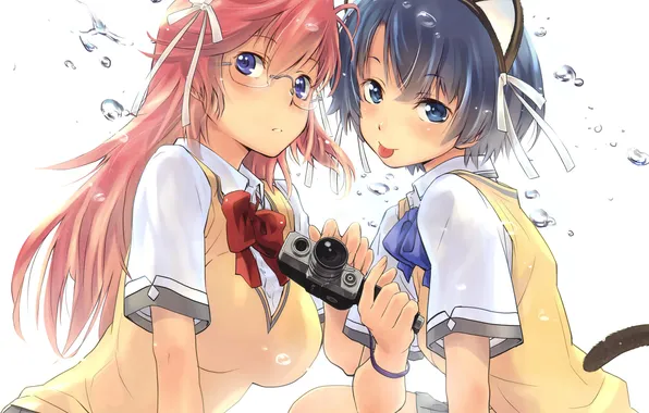 Picture language, water, drops, girls, anime, art, glasses, the camera