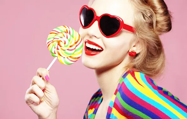Girl, glasses, hearts, Lollipop, sweet