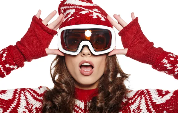 Picture look, girl, hat, surprise, glasses, white background, gloves, brown hair