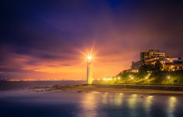 Picture city, lights, beach, sea, ocean, night, hotel, lighthouse