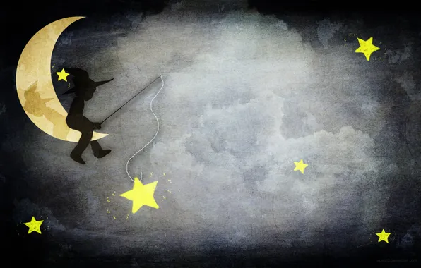 Picture stars, the moon, fisherman, boy, rod