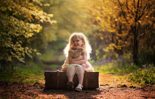Picture joy, nature, mood, toy, girl, suitcase