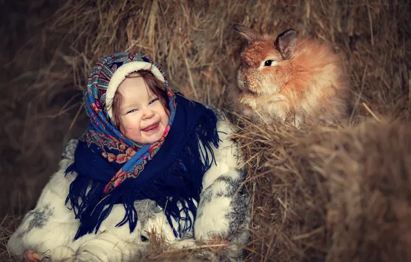 Winter, happiness, smile, rabbit, hay, girl, shawl