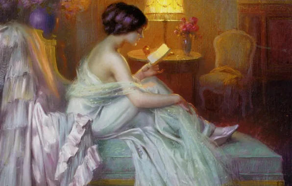 Picture girl, lamp, the evening, reading, lamp, Reading, light., Delphin Enjolras