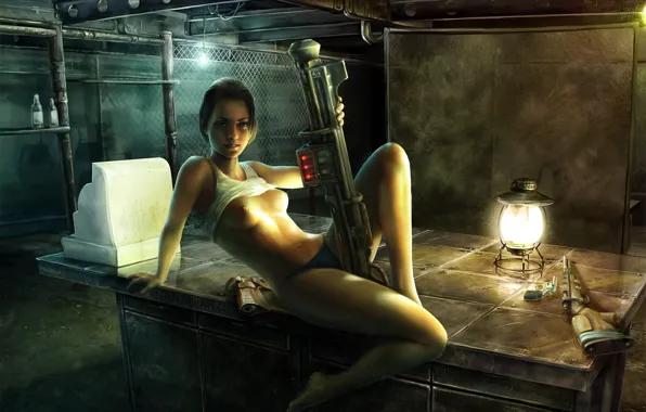 Chest, girl, table, revolver, Fallout 3, cash, vintovka, Fan Art