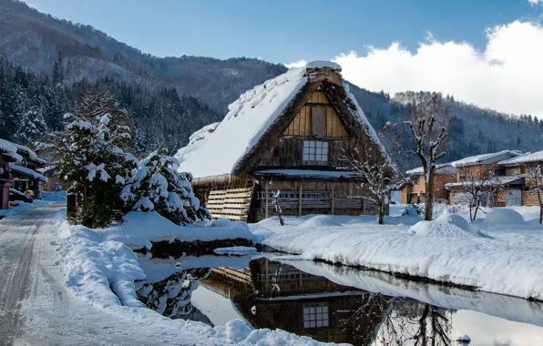 Winter, road, snow, landscape, mountains, village, home, Japan