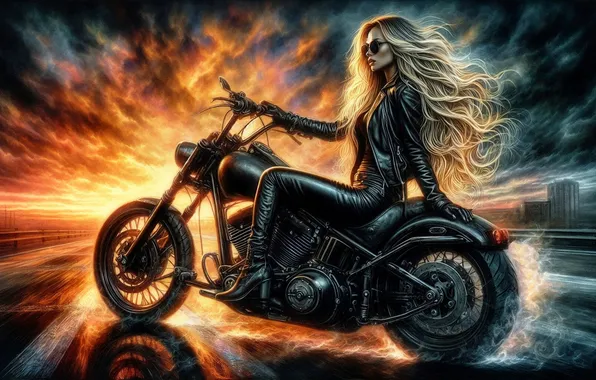 Girl, sunset, fire, flame, blonde, motorcycle, bike, in black